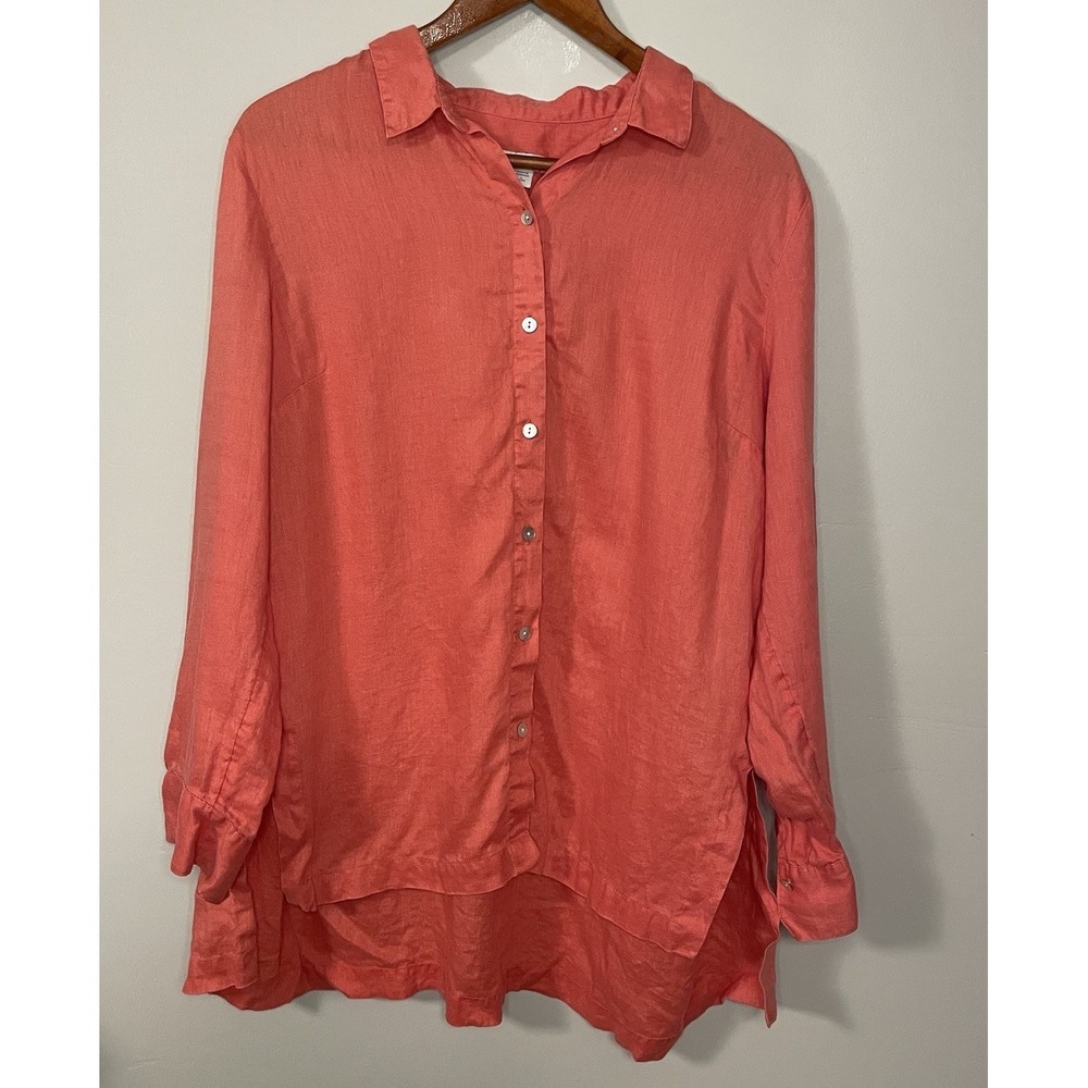 J JILL Love Linen Shirt Coral Button Up Womens Size Lp Long Sleeve